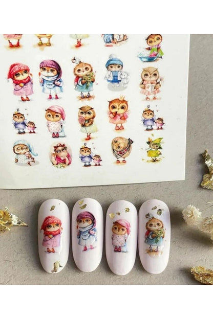 Tatlı Baykuşlar Desenli Tırnak Dövmesi Tırnak Tattoo Nail Art Tırnak Sticker