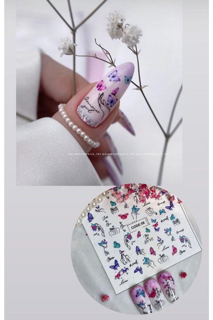 Renkli Kelebek Desenli Tırnak Dövmesi Tırnak Tattoo Nail Art Tırnak Sticker