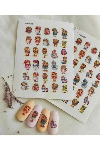 Tatlı Baykuşlar Desenli Tırnak Dövmesi Tırnak Tattoo Nail Art Tırnak Sticker