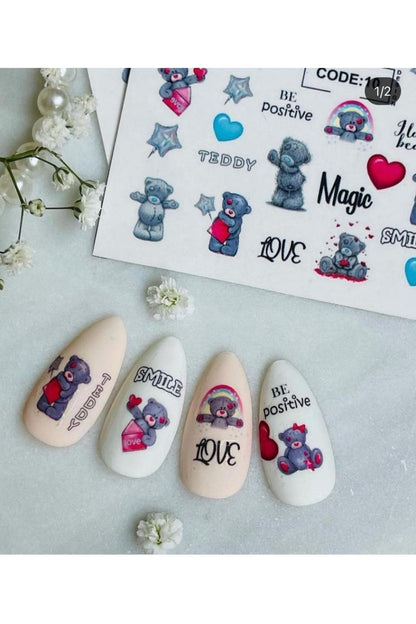 Sevimli Ayıcık Desenli Tırnak Dövmesi Tırnak Tattoo Nail Art Tırnak Sticker