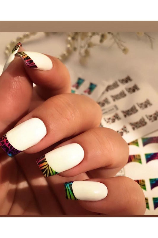 Yaprak Leopar Renkli French? Desenli Tırnak Dövmesi Tırnak Tattoo Nail Art Tırnak Sticker