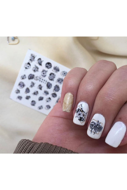 Siyah Gül Desenli Tırnak Dövmesi Tırnak Tattoo Nail Art Tırnak Sticker