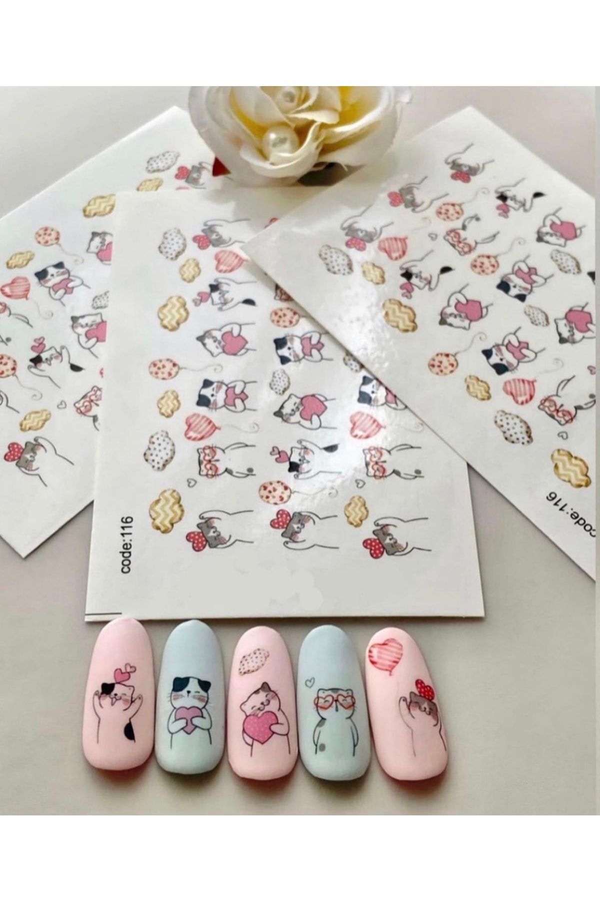 Renkli Kedi Desenli Tırnak Dövmesi Tırnak Tattoo Nail Art Tırnak Sticker