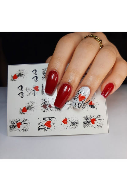 Kırmızı Kalpler? Desenli Tırnak Dövmesi Tırnak Tattoo Nail Art Tırnak Sticker