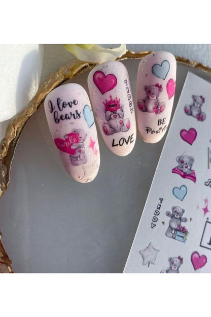 Sevimli Ayıcık Desenli Tırnak Dövmesi Tırnak Tattoo Nail Art Tırnak Sticker