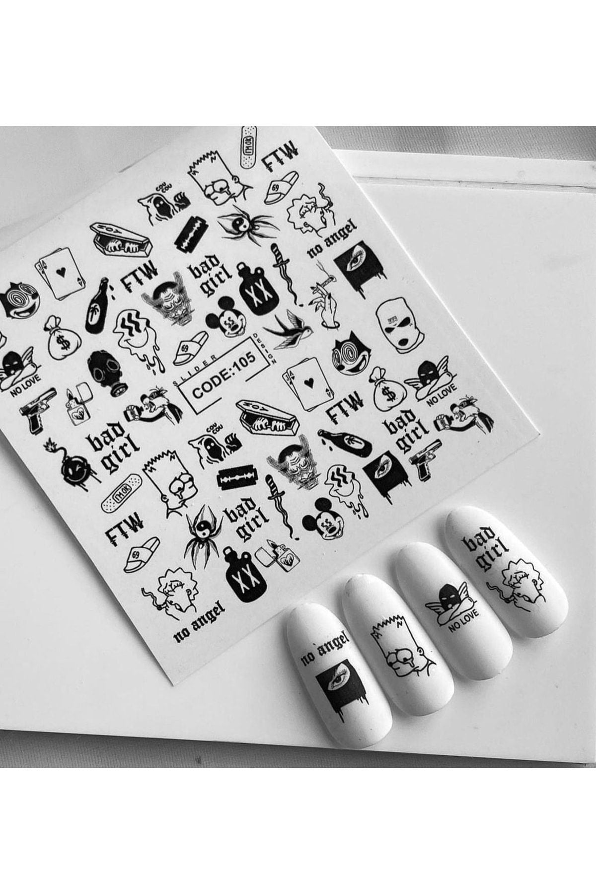 Siyah Desenli Tırnak Dövmesi Tırnak Tattoo Nail Art Tırnak Sticker