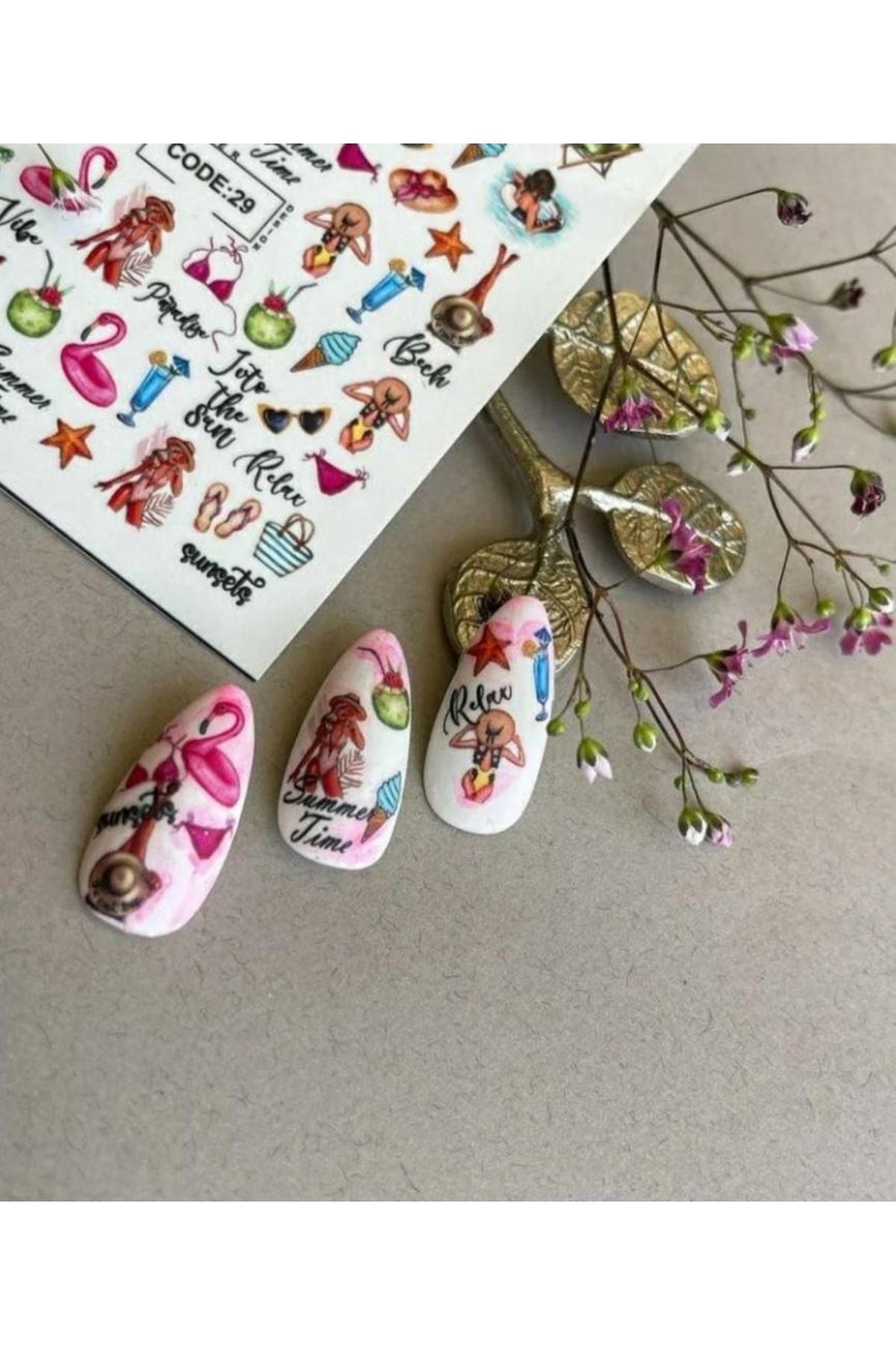 Yaz Desenli Tırnak Dövmesi Tırnak Tattoo Nail Art Tırnak Sticker