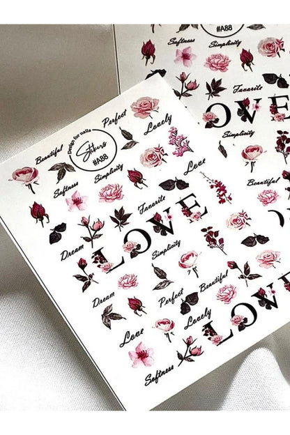 Love Gül Desenli Tırnak Dövmesi Tırnak Tattoo Nail Art Tırnak Sticker