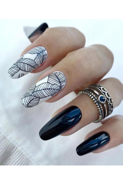 Siyah Beyaz Yaprak Desenli Tırnak Dövmesi Tırnak Tattoo Nail Art Tırnak Sticker