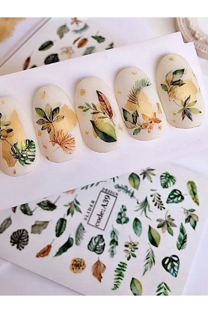 Ilkbahar Yaprak Desenli Tırnak Dövmesi Tırnak Tattoo Nail Art Tırnak Sticker