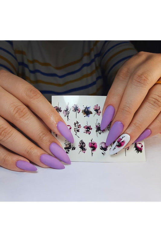 Mor Güller Desenli Tırnak Dövmesi Tırnak Tattoo Nail Art Tırnak Sticker