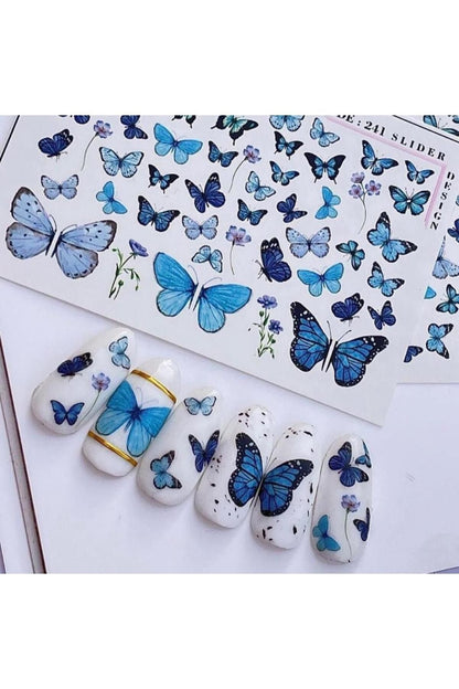 Mavi Kelebek Desenli Tırnak Dövmesi Tırnak Tattoo Nail Art Tırnak Sticker