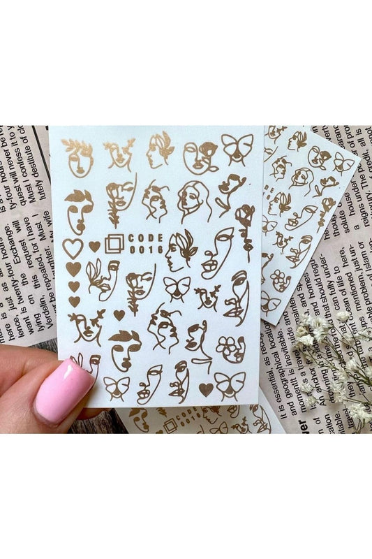 Altın Renk Insan Suratı Desenli Tırnak Dövmesi Tırnak Tattoo Nail Art Tırnak Sticker