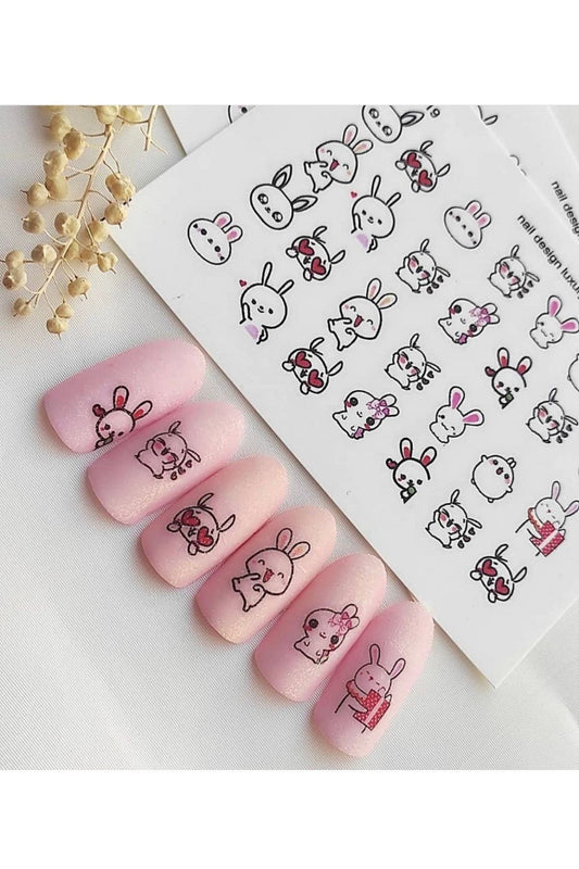 Sevimli Tavşanlar Desenli Tırnak Dövmesi Tırnak Tattoo Nail Art Tırnak Sticker