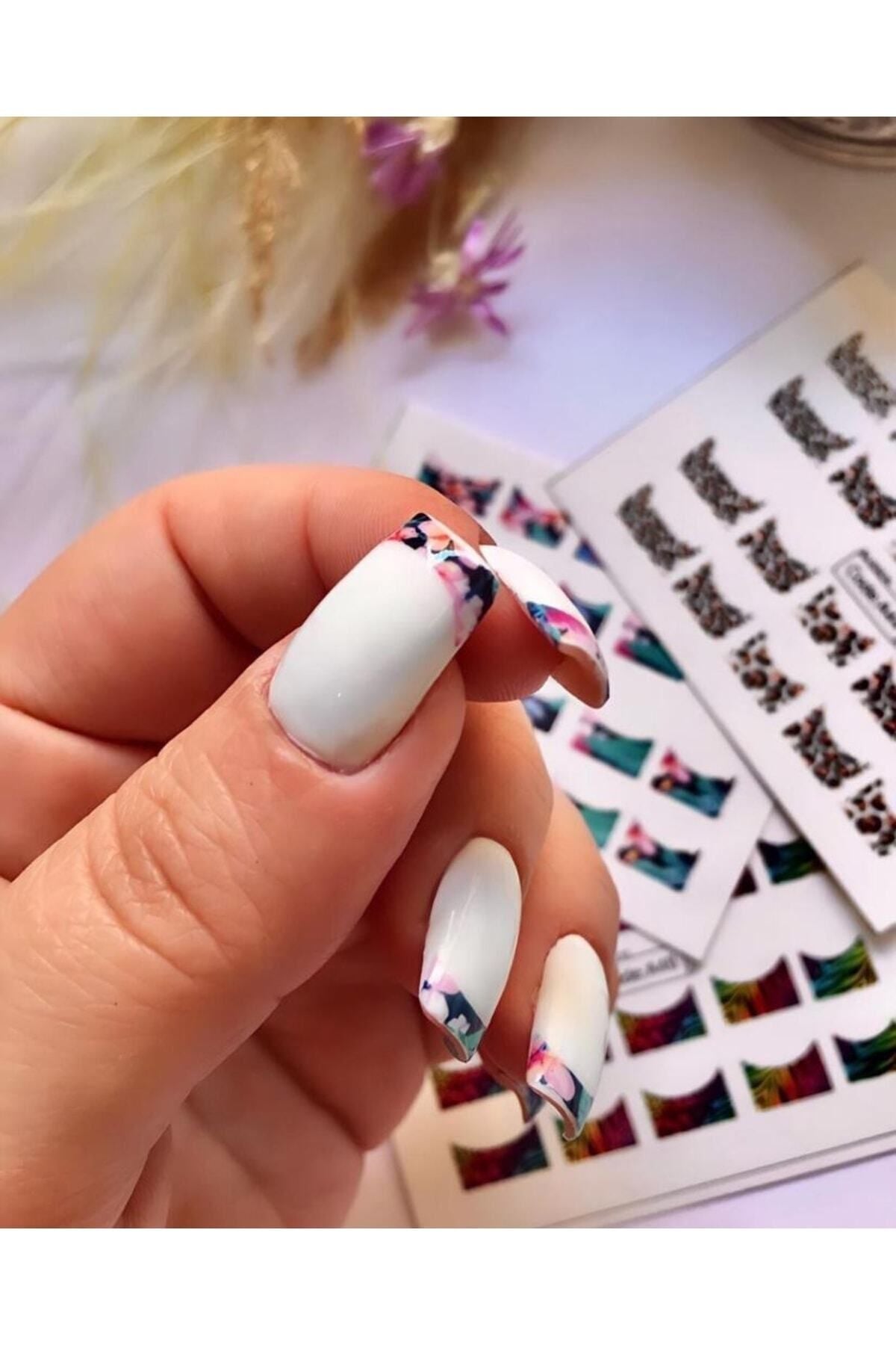 Yaprak Leopar Renkli French? Desenli Tırnak Dövmesi Tırnak Tattoo Nail Art Tırnak Sticker