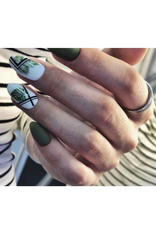 Yeşil Çizgili Yaprak? Desenli Tırnak Dövmesi Tırnak Tattoo Nail Art Tırnak Sticker