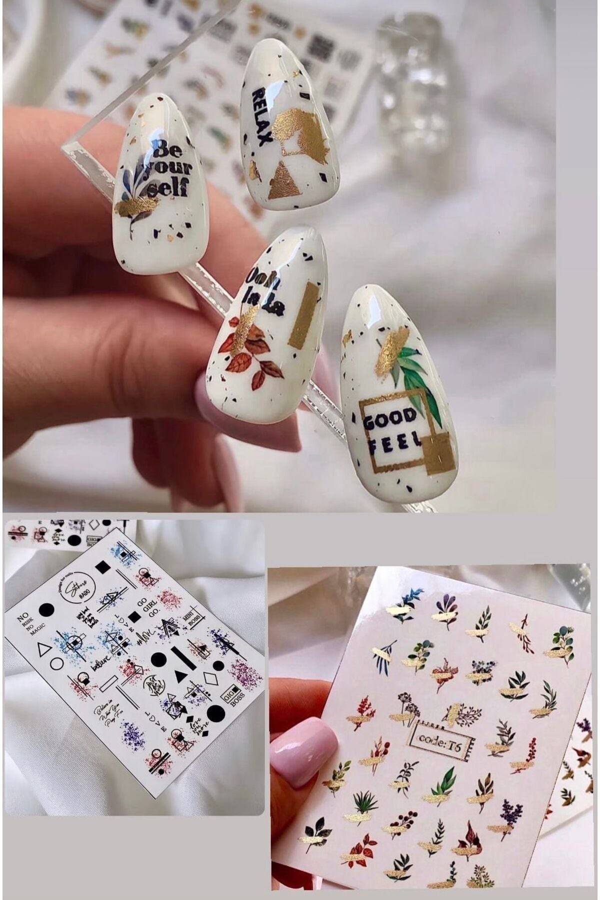 Altın Yaprak Desenli Tırnak Dövmesi Tırnak Tattoo Nail Art Tırnak Sticker