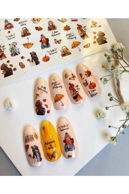 Sevimli Son Bahar Desenli Tırnak Dövmesi Tırnak Tattoo Nail Art Tırnak Sticker