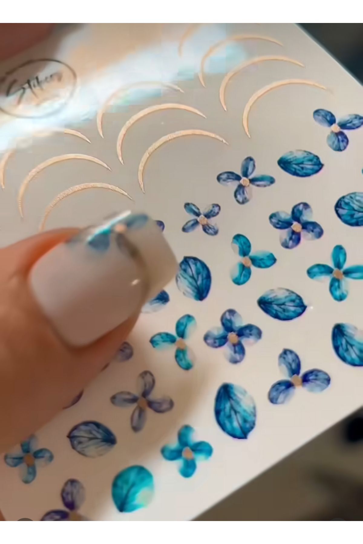 Frenç Mavi gül Desenli Tırnak Dövmesi Tırnak Tattoo Nail Art Tırnak Sticker