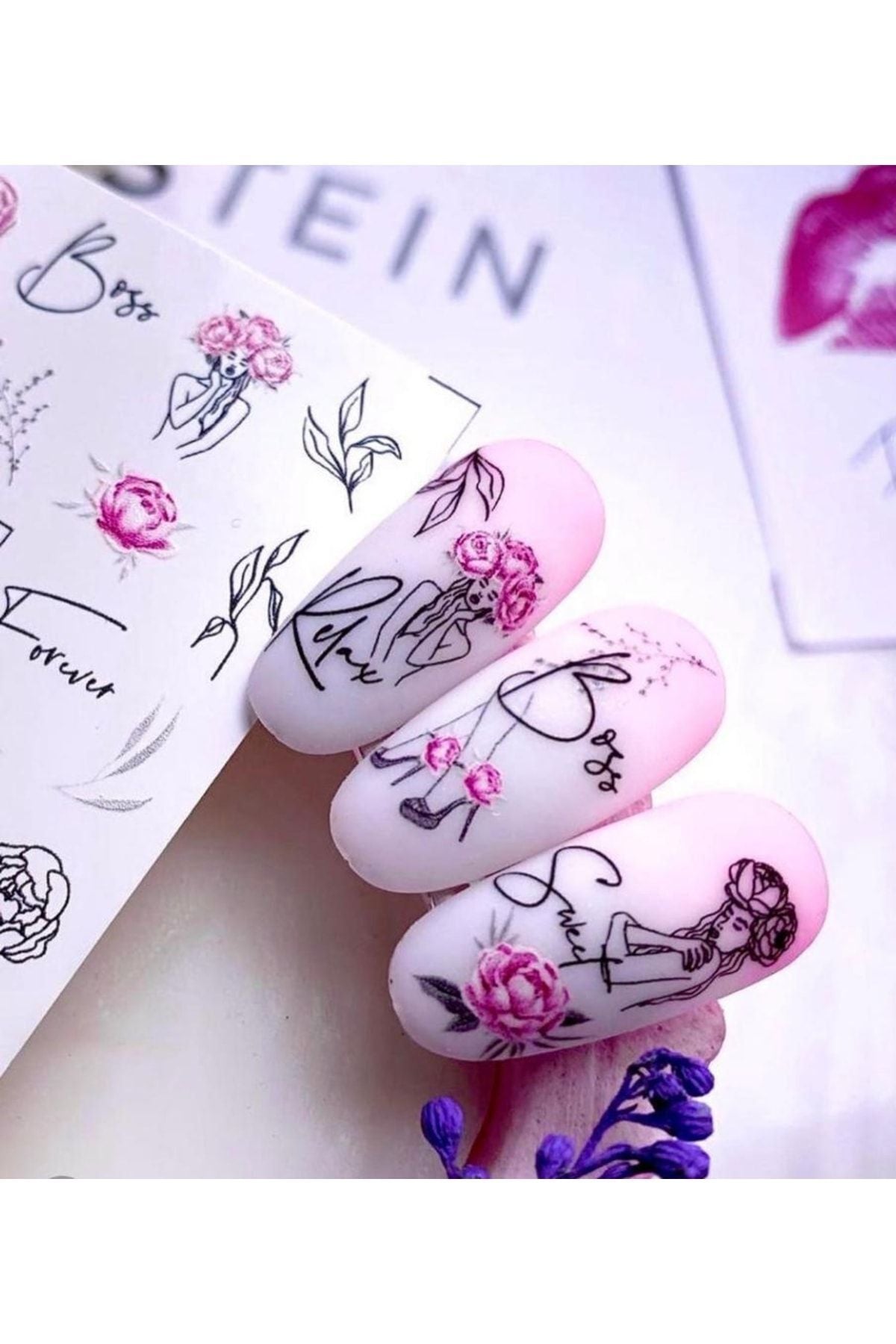 Permbe Gül Ve Insan Desenli Tırnak Dövmesi Tırnak Tattoo Nail Art Tırnak Sticker