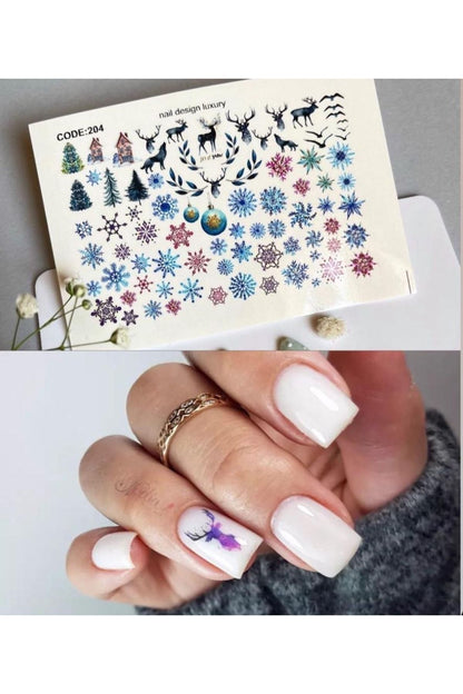 Renkli Kar Yeni Yıl Krismas Yeniyıl Desenli Tırnak Dövmesi Tırnak Tattoo Nail Art Tırnak Sticker