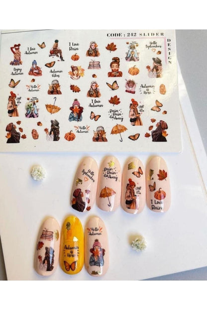 Sevimli Son Bahar Desenli Tırnak Dövmesi Tırnak Tattoo Nail Art Tırnak Sticker